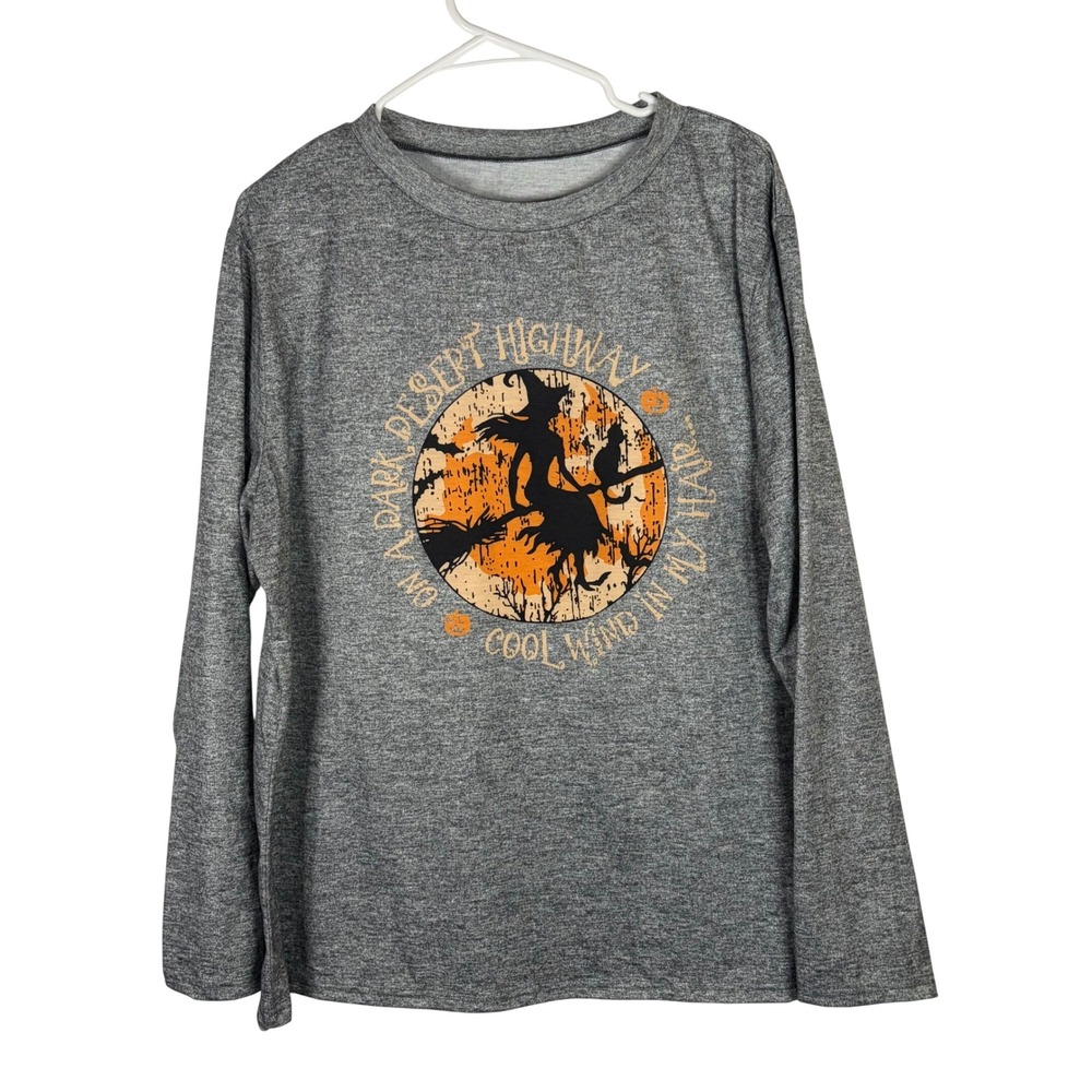 Witch Graphic Womens Long Sleeve Tee Gray Halloween Desert Highway Lyrics 2XL